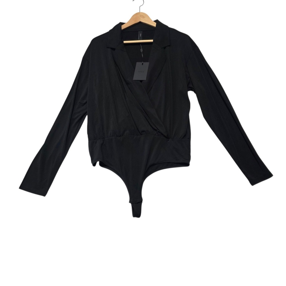 Y.A.S Yassue LS Bodystocking Women XL Black Long Sleeve Wrap Front Bodysuit